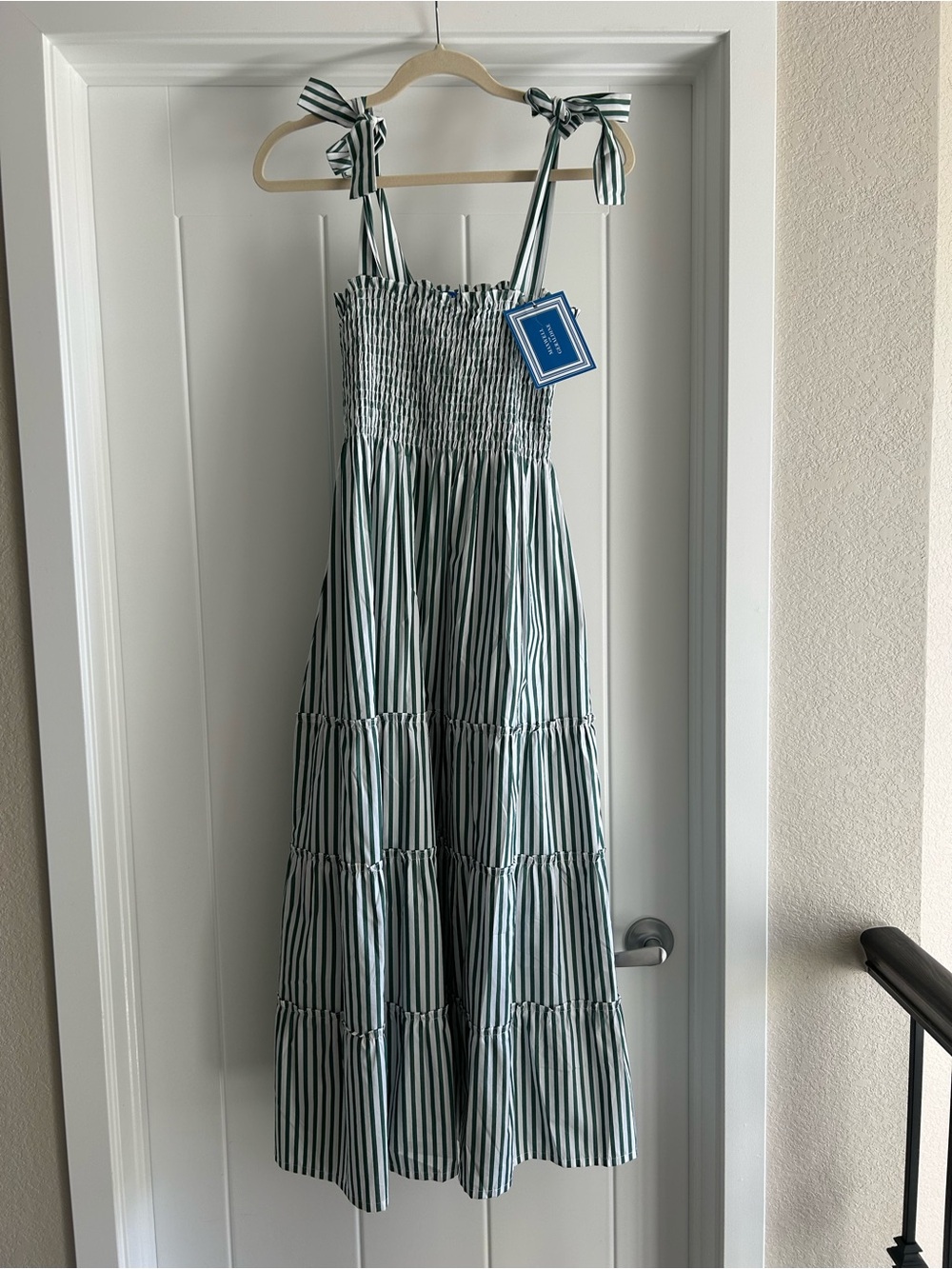 Maxwell and Geraldine The Brooke Green Stripe Tie-Shoulder Midi Dress